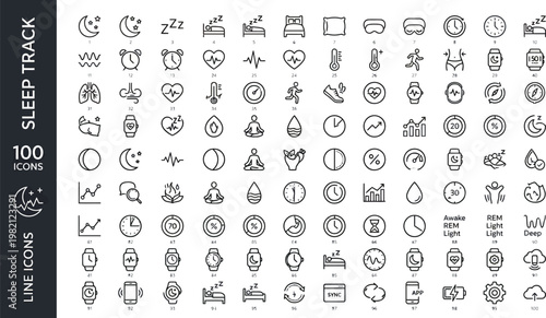 A collection of line icons related to sleep tracking and monitoring on a white background. AI, eps, png, jpg. transparent background.