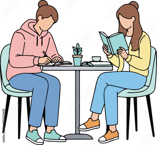 Two Women Studying at Cafe Table Flat Line Vector Illustration

