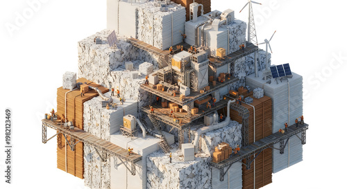 Isometric 3D Miniature Sustainable Paper Recycling Plant and Green Energy Industrial Complex