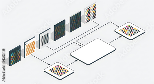 Isometric Machine Learning Data Processing Workflow Flowchart Illustration