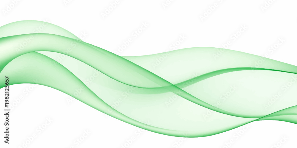 Obraz premium Abstract green smoke illustration featuring a smooth wave design with digital light curves and flowing motion patterns on a white backdrop for a modern vector banner
