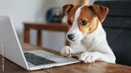 Curious dog engaged in computer activity home office pet lifestyle cozy indoor setting playful perspective