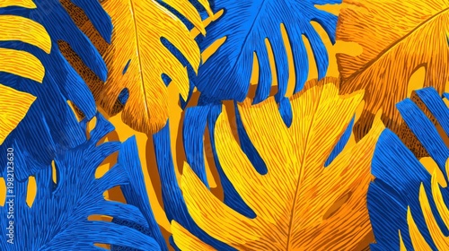 Vibrant tropical foliage displays contrasting blue and golden yellow coloration in a dense pattern.