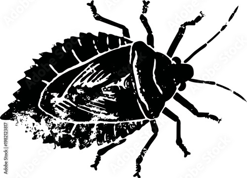 Black silhouette of a stink bug with detailed body and legs isolated on white background