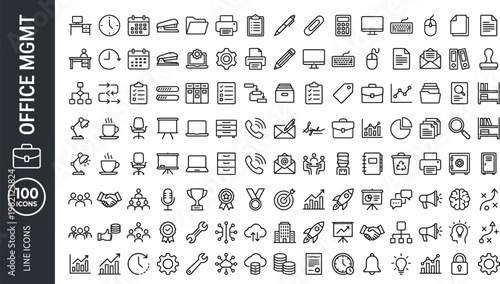 A collection of line icons for office management and productivity tools AI, eps, png, jpg. transparent background.