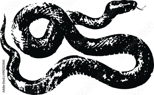 Coiled black snake illustration with forked tongue, detailed reptile design for nature and wildlife themes