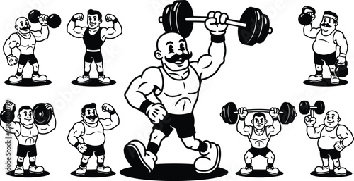 Retro strongman set with handlebar mustache weightlifting poses in black and white vector art