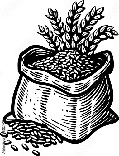 sack of grain with wheat stalks overflowing vintage agricultural illustration of cereal seeds and harvest