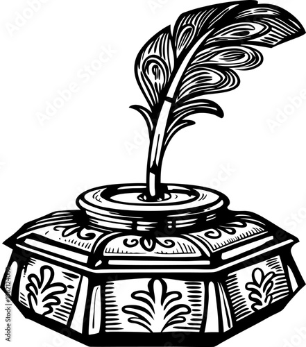 Vintage ornate inkwell with detailed feather quill pen design illustration