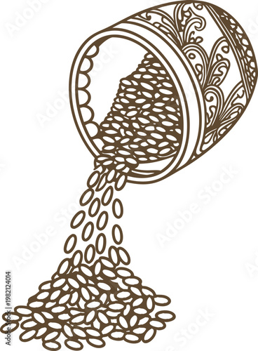 hand drawn pot pouring seeds with decorative patterns rustic vintage illustration of granules spilling from a textured container