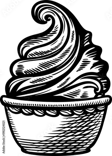Swirled soft serve ice cream in a cup, classic dessert illustration with creamy texture and vintage engraving