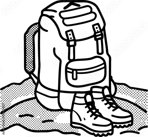 hiking backpack and boots set on ground outline illustration outdoor travel adventure gear