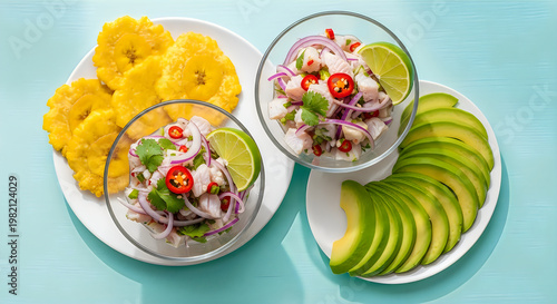 Latin American Seafood Ceviche with Tostones and Avocado Slices
