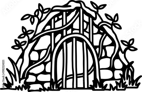 stone gate with iron bars and climbing vines ancient garden entrance surrounded by plants and leaves