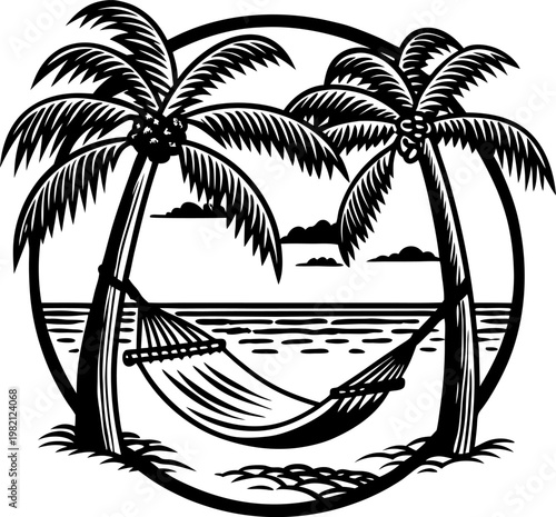 Palm trees with hammock on beach shore at sunset, tropical relaxation and vacation concept