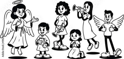 Black and white line art angels and children with trumpets book and praying child