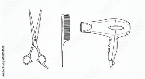 Line Art Sketch of Professional Hairdressing Tools on Paper Texture