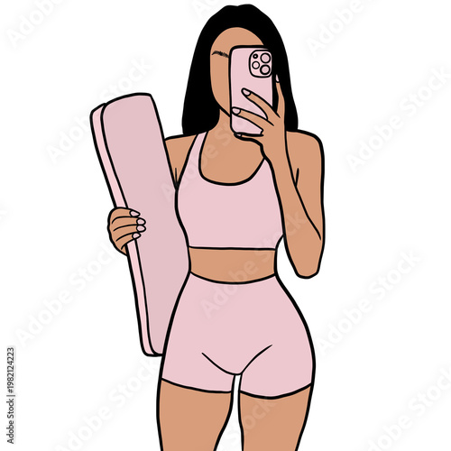 woman taking fitness selfie with yoga mat illustration isolated on transparent background, flat design workout lifestyle concept
