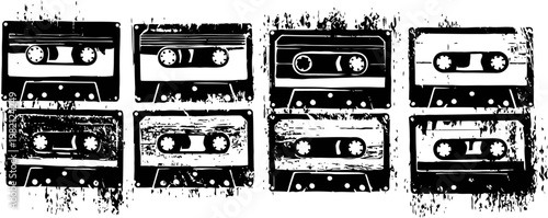 Grunge cassette tapes vector set with distressed textures and vintage design elements
