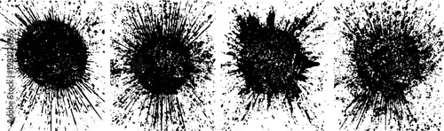black ink splatters set with varying shapes and splashes on white background