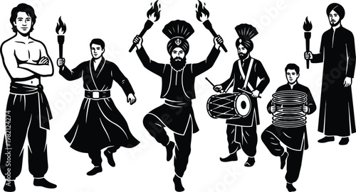 Vector art bhangra dancers with torches dhol rings in black and white