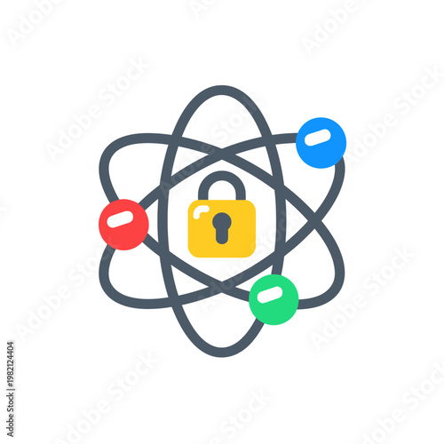 Atom symbol with lock and colored electrons