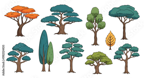 Diverse collection of ten different tree species from spreading oaks to tall cypresses rendered in a charming and detailed illustration style.