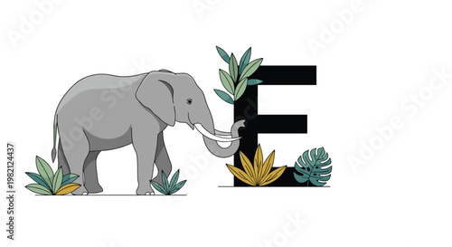 Majestic gray elephant standing next to a large capital letter E surrounded by tropical monstera and palm leaves for educational purposes.