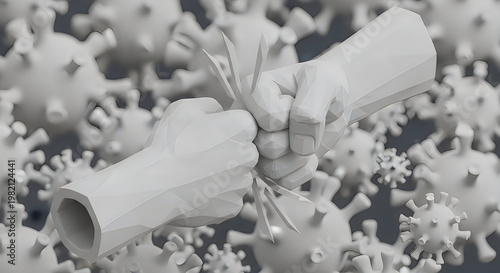 Low poly fist bump 3D render showing unity against pandemic virus