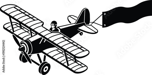 Black and white biplane towing blank banner with pilot in open cockpit vector art