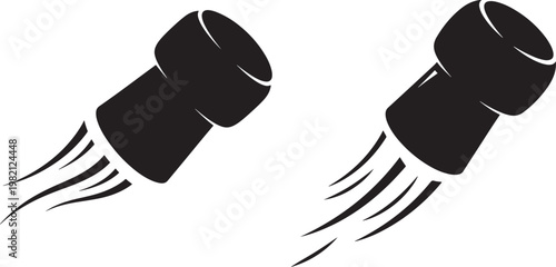Two champagne corks flying with trails black silhouette on white background champagne cork alcoholic beverage champagne celebration silhouette illustration isolated movement abstract