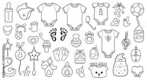 Diverse collection of hand-drawn baby shower icons including clothes bottles toys and footprints in a minimalist line art style.