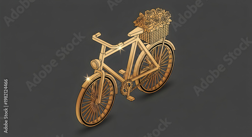 Luxury 3D Golden Isometric Bicycle with Rose Bouquet in Basket