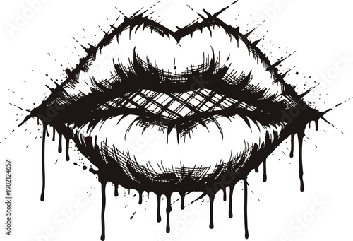 dripping lips art black ink sketch of sensual lips with paint splatter and dripping effect