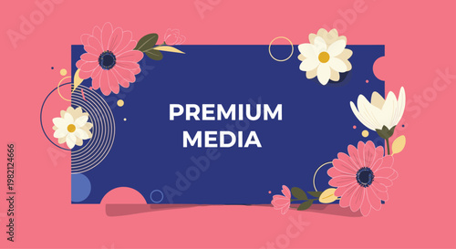 Premium media display with elegant pink and white floral arrangements framing a deep blue central rectangle on a bright pink background.