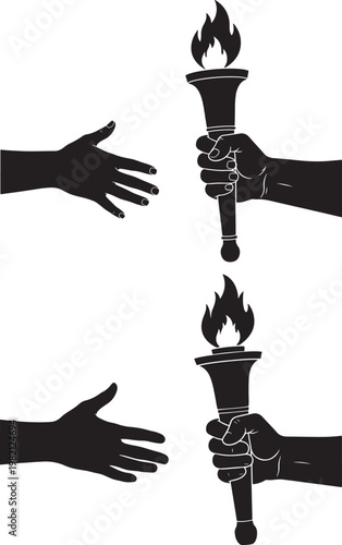 Passing a torch and reaching hands silhouette with black and white background reaching receiving connection teamwork collaboration competition olympics silhouette isolated studio shot
