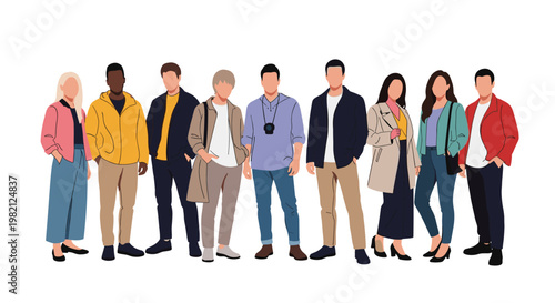 Diverse group of ten men and women of various ethnicities standing together in casual stylish clothing in a flat design style.