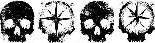 grunge textured skull and compass star icons with distressed vintage