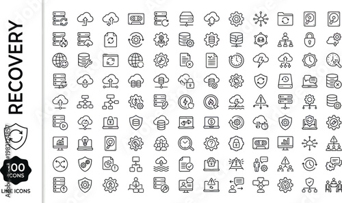 A collection of line icons depicting various recovery and security concepts on a white background AI, eps, png, jpg. transparent background.