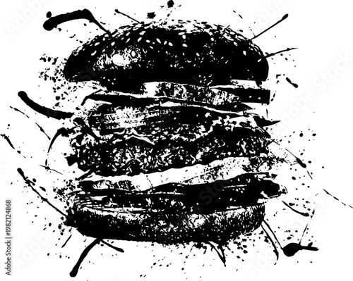 Grunge hamburger illustration with splatter effect and textured appearance