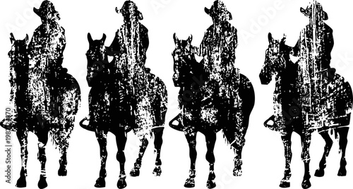 Silhouettes of four cowboys on horses riding side by side in western outfits