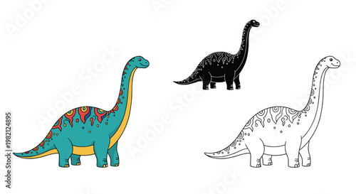 Long necked brontosaurus dinosaur presented in three distinct styles including a colorful patterned version silhouette and line art.