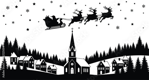 Christmas village silhouette vector illustration, Santa Claus sleigh with flying reindeer over snowy town, winter holiday night scene with church, trees and stars