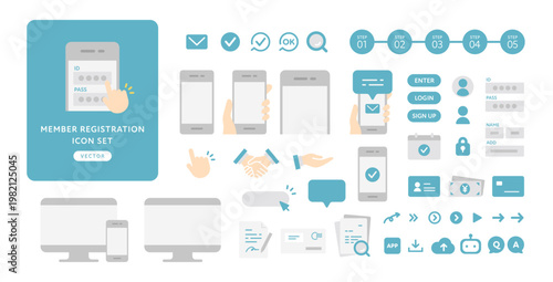 会員登録やアカウント作成の流れに使えるスマホ操作のベクターアイコンセット。フラットデザイン･ブルー