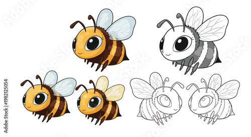 Adorable cartoon honey bee character shown in five different variations including colored grayscale and line art styles.
