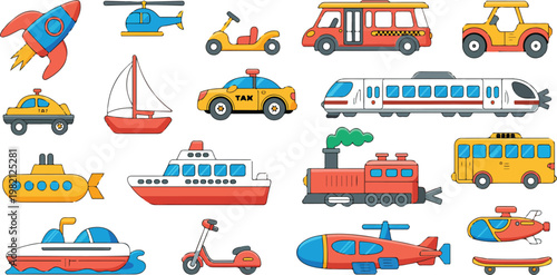 Colorful transportation and vehicle icon set with land, air, sea and space travel including cars, trains, boats, planes, rockets and bikes