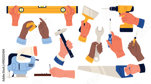 Construction and repair tools in diverse hands, including drill, level, jigsaw, saw, hammer, wrench, tape measure, screwdrivers and spatula, isolated on white background vector illustration