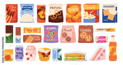 Assorted fast food snacks and drinks in colorful packaging including chips, cookies, candy, sandwiches, soda and juice, arranged as a flat design isolated on white background vector illustration