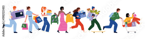 Consumers rushing with shopping bags, boxes, flowers and gifts during big sale, diverse people running and riding cart with purchases, isolated on white background vector illustration