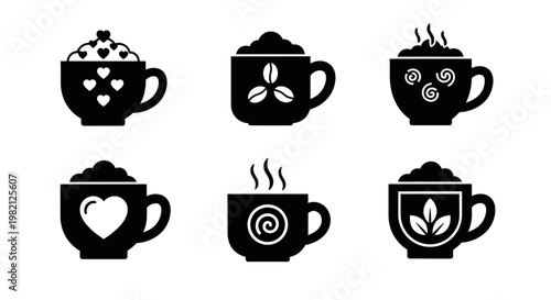 Creative coffee cup icons with whipped cream and decorative patterns for cafe branding and restaurant menu design isolated on white background vector illustration